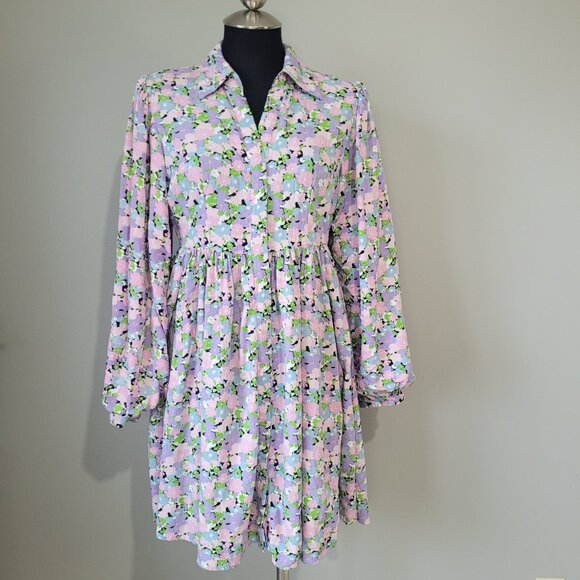 Selected Femme Judita Floral Shirt Dress w Statement Sleeves retro print - Picture 2 of 11